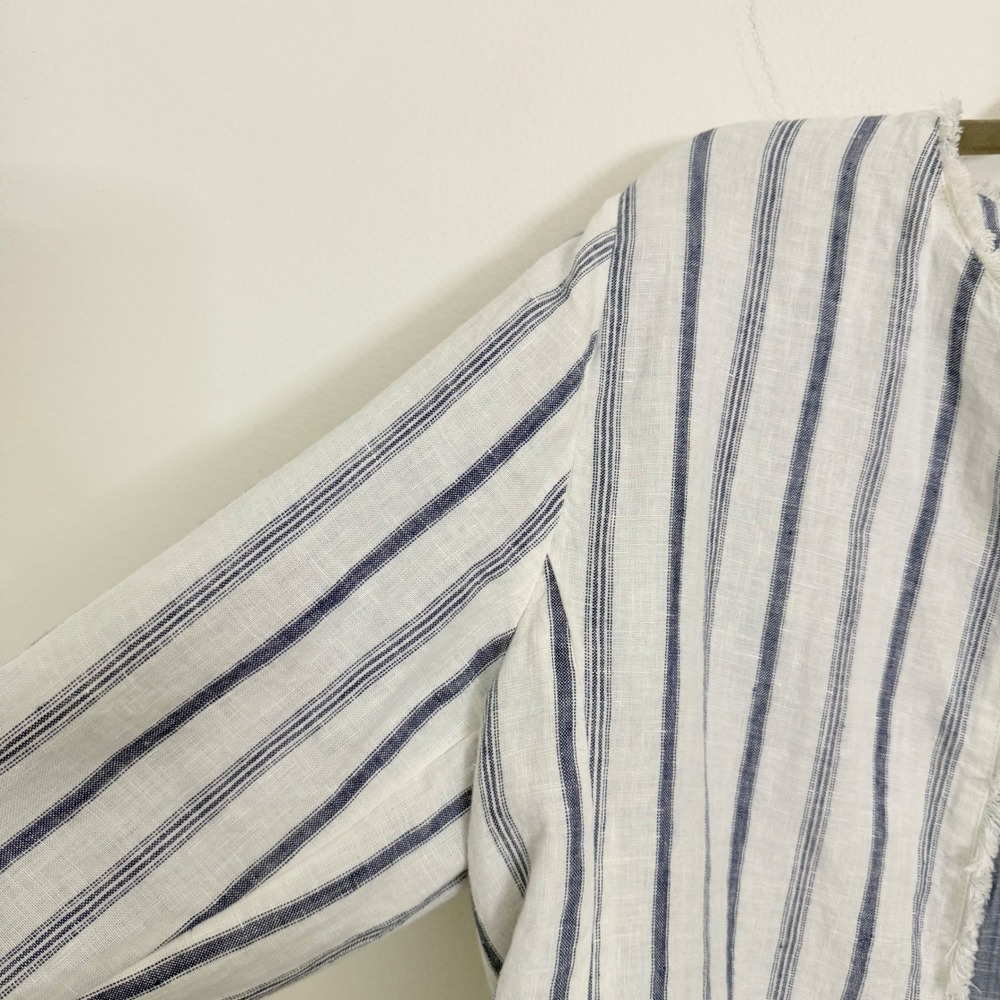 Chicos Blue White Striped‎ Linen Open Front Jacket Frayed Trim Size 2 US 12 - Picture 5 of 10
